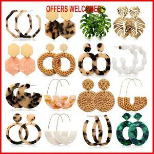 16 Pairs Statement Acrylic Rattan Earrings Set Boho Jewelry
